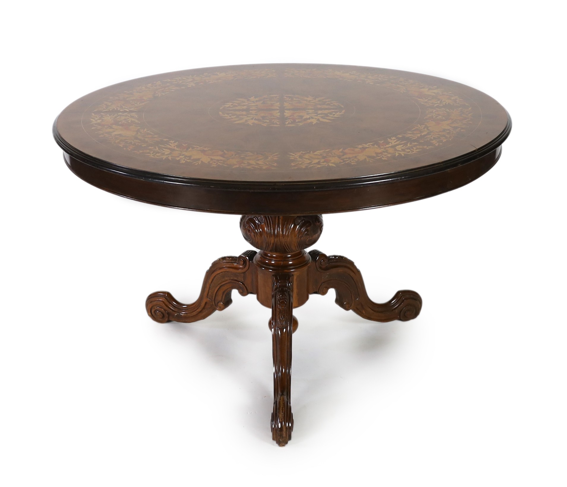 A Victorian-style walnut and marquetry breakfast table Diameter 129 cm. Height 80 cm.